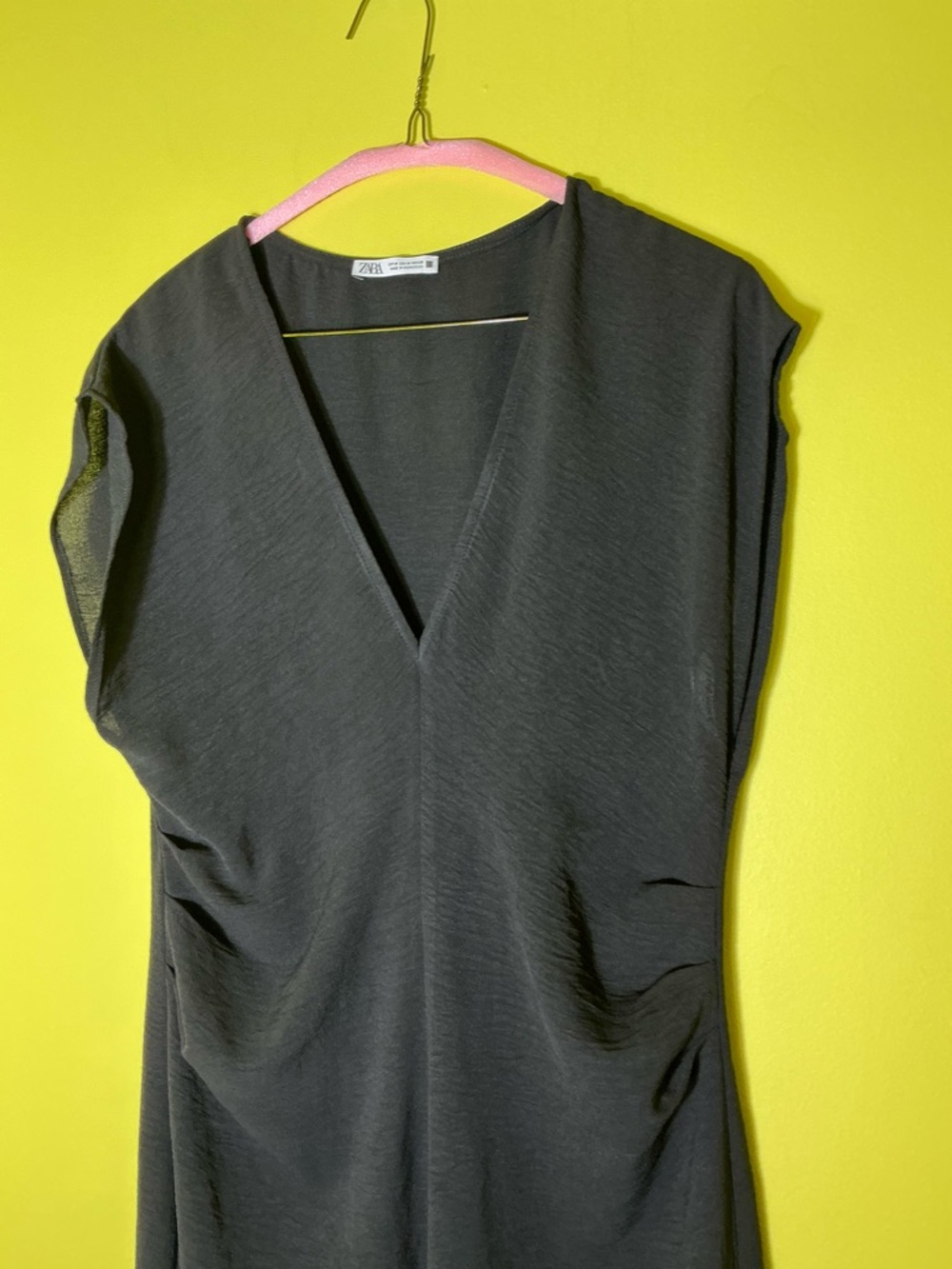 Black Zara midi dress with ruched detail at sides